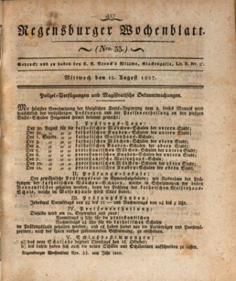 Regensburger Wochenblatt Mittwoch 15. August 1827