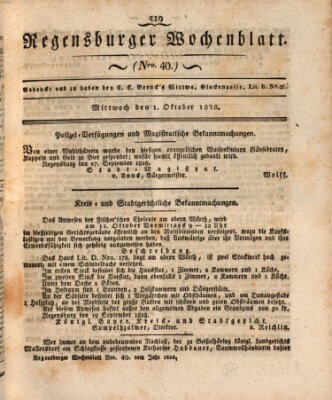 Regensburger Wochenblatt Mittwoch 1. Oktober 1828