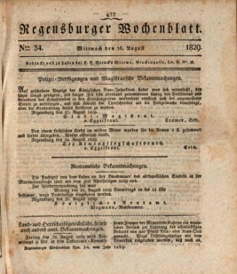 Regensburger Wochenblatt Mittwoch 26. August 1829
