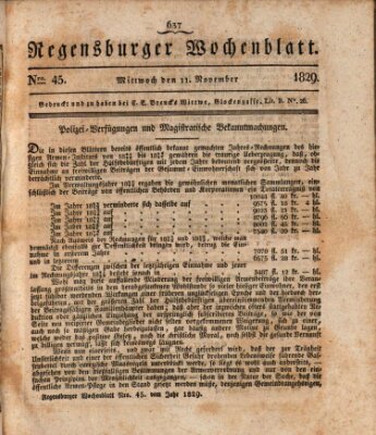 Regensburger Wochenblatt Mittwoch 11. November 1829