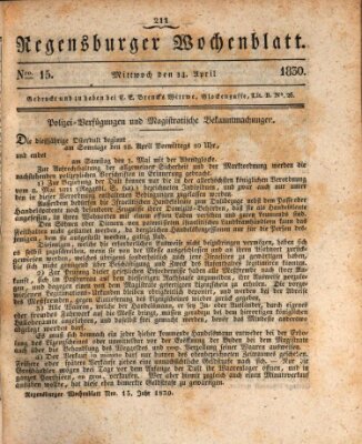 Regensburger Wochenblatt Mittwoch 14. April 1830