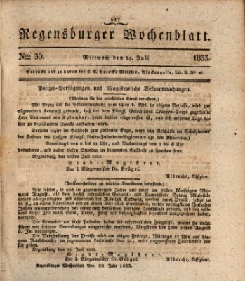 Regensburger Wochenblatt Mittwoch 24. Juli 1833