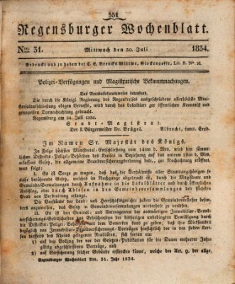 Regensburger Wochenblatt Mittwoch 30. Juli 1834