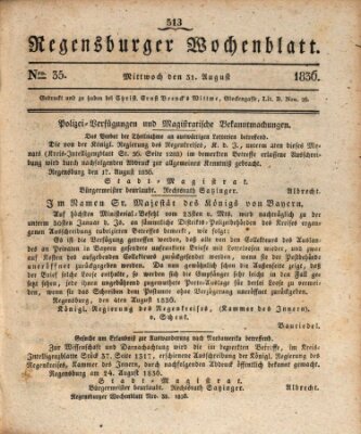 Regensburger Wochenblatt Mittwoch 31. August 1836