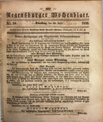 Regensburger Wochenblatt Dienstag 30. April 1839