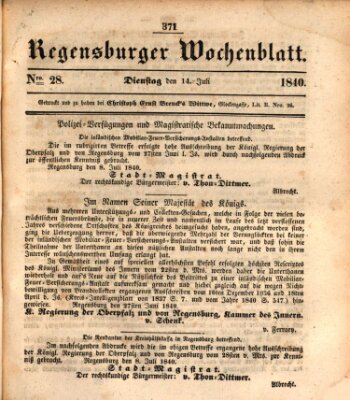 Regensburger Wochenblatt Dienstag 14. Juli 1840