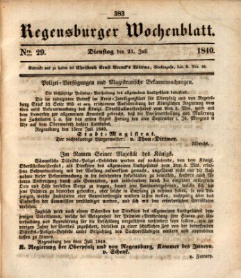 Regensburger Wochenblatt Dienstag 21. Juli 1840