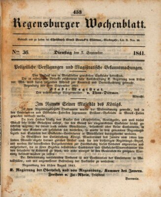 Regensburger Wochenblatt Dienstag 7. September 1841