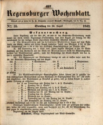 Regensburger Wochenblatt Dienstag 30. August 1842