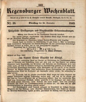 Regensburger Wochenblatt Dienstag 20. September 1842