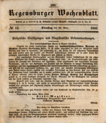 Regensburger Wochenblatt Dienstag 28. März 1843