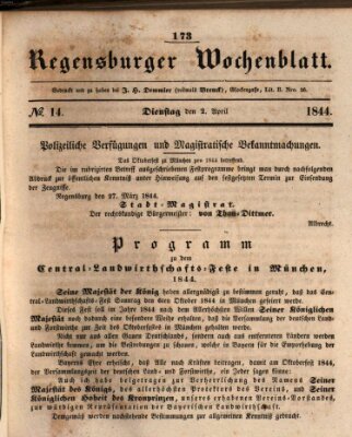 Regensburger Wochenblatt Dienstag 2. April 1844