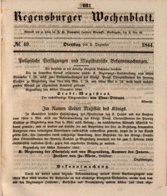 Regensburger Wochenblatt Dienstag 3. Dezember 1844