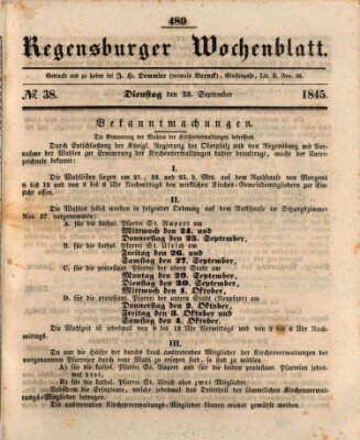 Regensburger Wochenblatt Dienstag 23. September 1845
