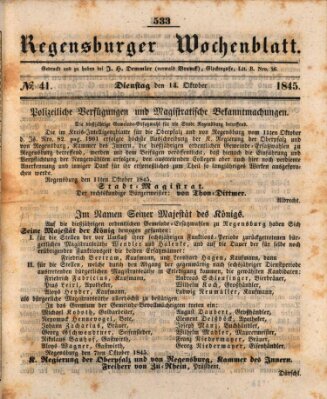 Regensburger Wochenblatt Dienstag 14. Oktober 1845