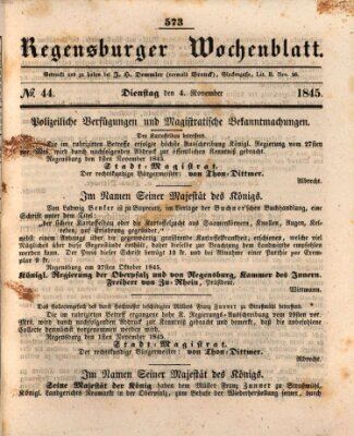Regensburger Wochenblatt Dienstag 4. November 1845