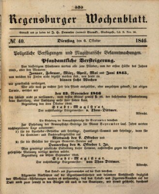 Regensburger Wochenblatt Dienstag 6. Oktober 1846