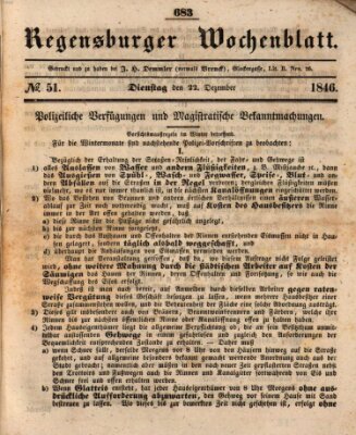 Regensburger Wochenblatt Dienstag 22. Dezember 1846