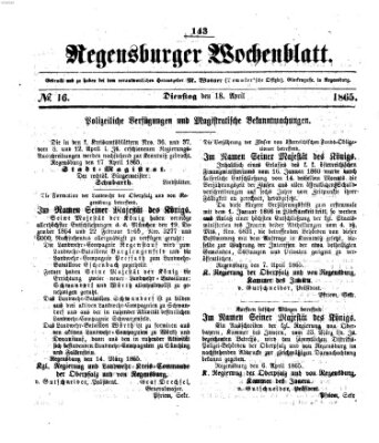 Regensburger Wochenblatt Dienstag 18. April 1865