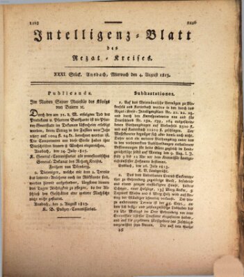 Intelligenzblatt des Rezat-Kreises (Ansbacher Intelligenz-Zeitung) Mittwoch 4. August 1813