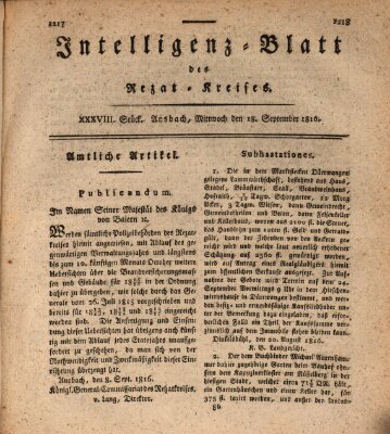 Intelligenzblatt des Rezat-Kreises (Ansbacher Intelligenz-Zeitung) Mittwoch 18. September 1816