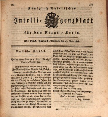 Königlich Bayerisches Intelligenzblatt für den Rezat-Kreis (Ansbacher Intelligenz-Zeitung) Mittwoch 27. Mai 1818