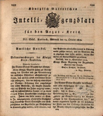 Königlich Bayerisches Intelligenzblatt für den Rezat-Kreis (Ansbacher Intelligenz-Zeitung) Mittwoch 13. Oktober 1819