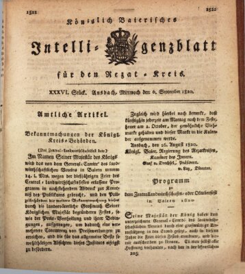 Königlich Bayerisches Intelligenzblatt für den Rezat-Kreis (Ansbacher Intelligenz-Zeitung) Mittwoch 6. September 1820