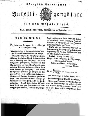 Königlich Bayerisches Intelligenzblatt für den Rezat-Kreis (Ansbacher Intelligenz-Zeitung) Mittwoch 7. November 1821