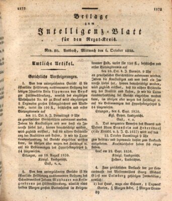 Königlich Bayerisches Intelligenzblatt für den Rezat-Kreis (Ansbacher Intelligenz-Zeitung) Mittwoch 6. Oktober 1830