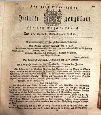 Königlich Bayerisches Intelligenzblatt für den Rezat-Kreis (Ansbacher Intelligenz-Zeitung) Mittwoch 6. April 1831