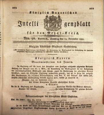 Königlich Bayerisches Intelligenzblatt für den Rezat-Kreis (Ansbacher Intelligenz-Zeitung) Samstag 19. November 1831