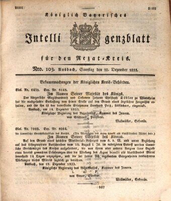 Königlich Bayerisches Intelligenzblatt für den Rezat-Kreis (Ansbacher Intelligenz-Zeitung) Samstag 28. Dezember 1833