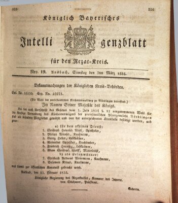 Königlich Bayerisches Intelligenzblatt für den Rezat-Kreis (Ansbacher Intelligenz-Zeitung) Samstag 7. März 1835