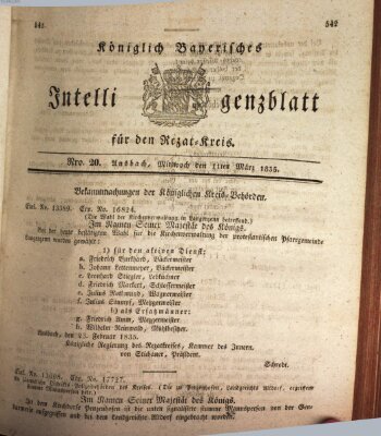 Königlich Bayerisches Intelligenzblatt für den Rezat-Kreis (Ansbacher Intelligenz-Zeitung) Mittwoch 11. März 1835