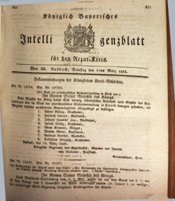 Königlich Bayerisches Intelligenzblatt für den Rezat-Kreis (Ansbacher Intelligenz-Zeitung) Samstag 21. März 1835