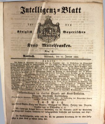 Königlich Bayerisches Intelligenzblatt für Mittelfranken (Ansbacher Intelligenz-Zeitung) Mittwoch 10. Januar 1838