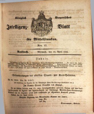 Königlich Bayerisches Intelligenzblatt für Mittelfranken (Ansbacher Intelligenz-Zeitung) Mittwoch 25. April 1838