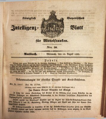 Königlich Bayerisches Intelligenzblatt für Mittelfranken (Ansbacher Intelligenz-Zeitung) Mittwoch 22. August 1838