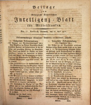 Königlich Bayerisches Intelligenzblatt für Mittelfranken (Ansbacher Intelligenz-Zeitung) Mittwoch 25. April 1838