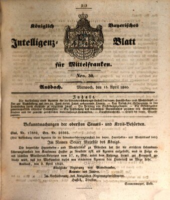 Königlich Bayerisches Intelligenzblatt für Mittelfranken (Ansbacher Intelligenz-Zeitung) Mittwoch 15. April 1840