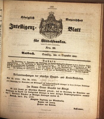 Königlich Bayerisches Intelligenzblatt für Mittelfranken (Ansbacher Intelligenz-Zeitung) Samstag 12. Dezember 1840