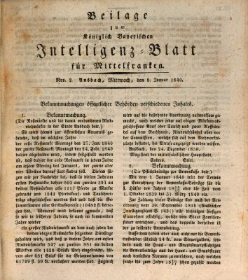 Königlich Bayerisches Intelligenzblatt für Mittelfranken (Ansbacher Intelligenz-Zeitung) Mittwoch 8. Januar 1840