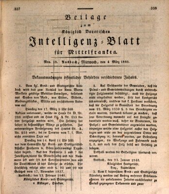 Königlich Bayerisches Intelligenzblatt für Mittelfranken (Ansbacher Intelligenz-Zeitung) Mittwoch 4. März 1840