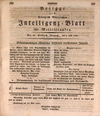 Königlich Bayerisches Intelligenzblatt für Mittelfranken (Ansbacher Intelligenz-Zeitung) Mittwoch 3. Juni 1840