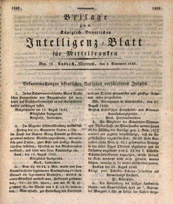 Königlich Bayerisches Intelligenzblatt für Mittelfranken (Ansbacher Intelligenz-Zeitung) Mittwoch 2. September 1840