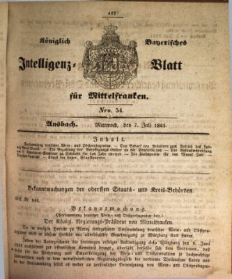 Königlich Bayerisches Intelligenzblatt für Mittelfranken (Ansbacher Intelligenz-Zeitung) Mittwoch 7. Juli 1841