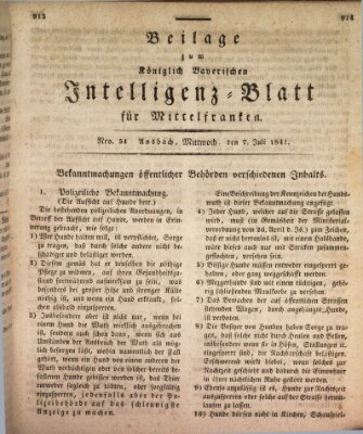 Königlich Bayerisches Intelligenzblatt für Mittelfranken (Ansbacher Intelligenz-Zeitung) Mittwoch 7. Juli 1841