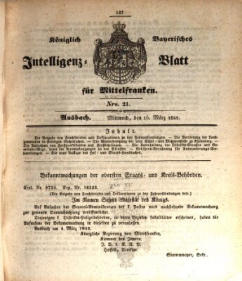Königlich Bayerisches Intelligenzblatt für Mittelfranken (Ansbacher Intelligenz-Zeitung) Mittwoch 16. März 1842