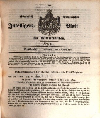 Königlich Bayerisches Intelligenzblatt für Mittelfranken (Ansbacher Intelligenz-Zeitung) Mittwoch 3. August 1842